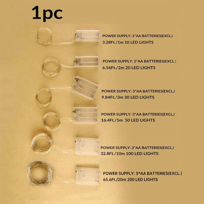 1Pack Fairy Light String Led Copper Wire String Light 1/2/3/5/10M Battery Powered for Bedroom Garden Party Wedding Decoration